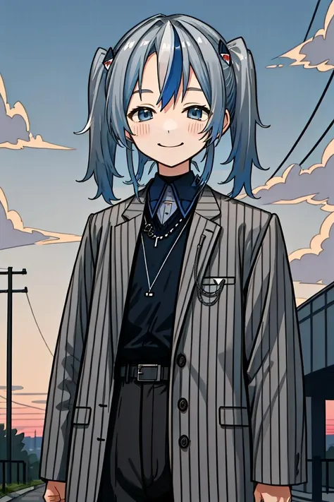 <lora:Hiodoshi Ao:0.7> , white hair, blue hair, streaked hair, blue eyes, smile, necklace, close-up, collared shirt, jewelry, outdoors, sky, clouds, sunset, head out of frame, grey jacket, pinstripe pattern, formal, belt, black pants,<lora:gawrGuraHololive_v2:0.6>, shark hair ornament, (oversized clothes), short twintails, pigtails