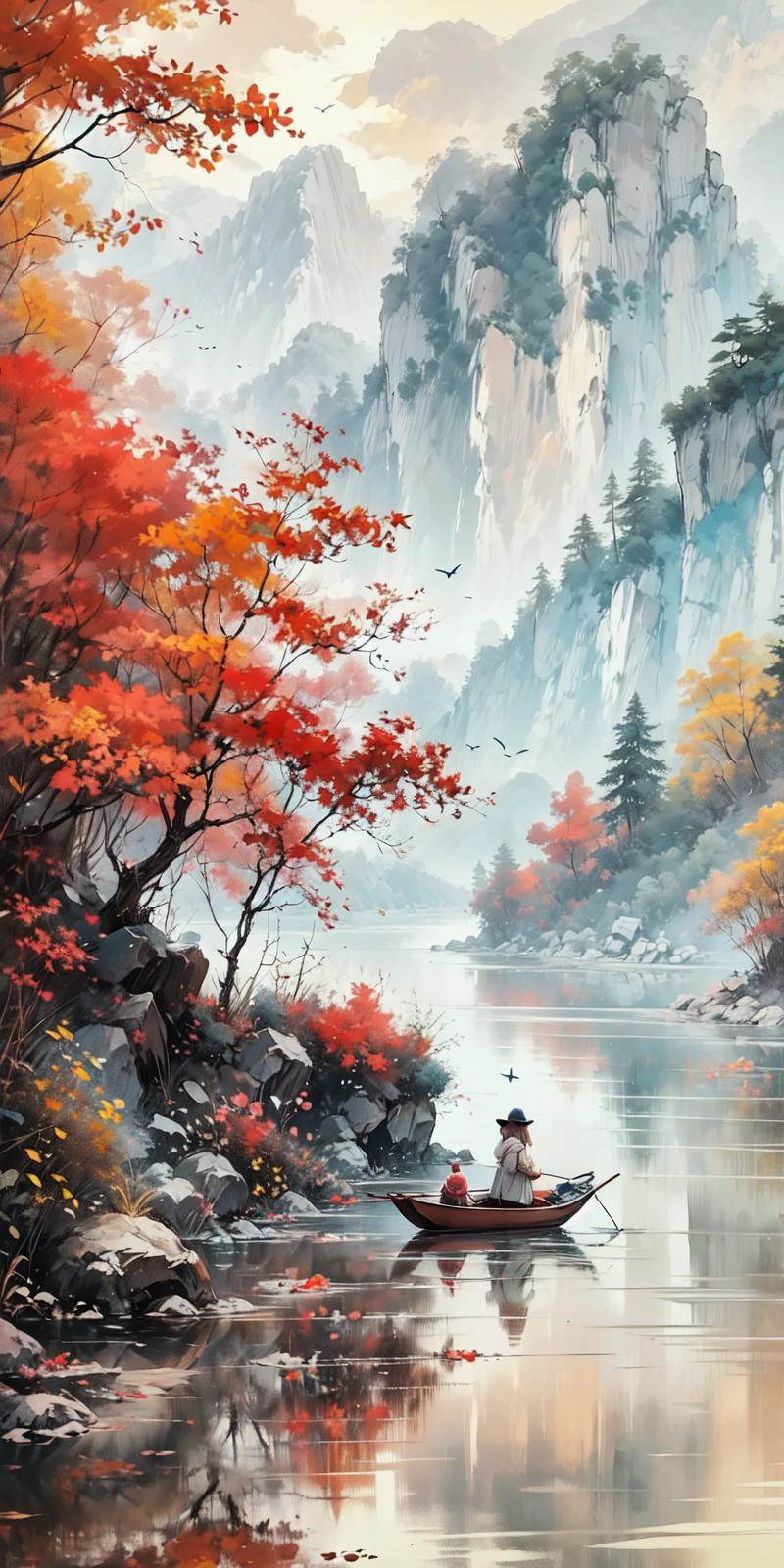 shan,watercraf11t,boat,bird,tree,scenery,water,lake,mountain,outdoors,reflection,nature,river, <lora:shan_20230824173433:0.9>, (masterpiece:1.3), (best quality:1.3), 1girl, (kawaii background:1.3),(extremely detailed fine touch:1.3),(hard light, studio light, light rays, dappled light, reflection, shadows, ray tracing:1),