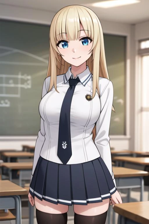 ((masterpiece, best quality)),1girl,standing,indoors,medium  breasts,smile,maria fianna albert, maria, ore dake haireru, blonde_hair, blue_eyes,black necktie,  white shirt,grey pleated_skirt, school_uniform, shirt, skirt, smile,school_uniform,black  thighhighs,<lora:mariamix:0.7>