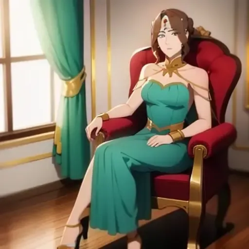 1girl solo mirana, (full body:1.2), green dress ,sitting on chair bare shoulder , brown hair,