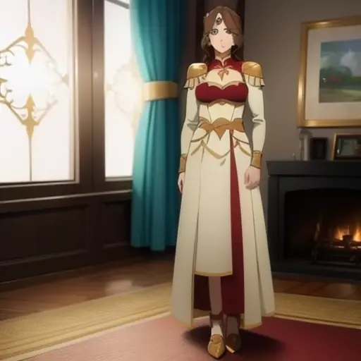 1girl solo mirana, (full body:1.2), red and white dress,standing bare shoulder , brown hair,