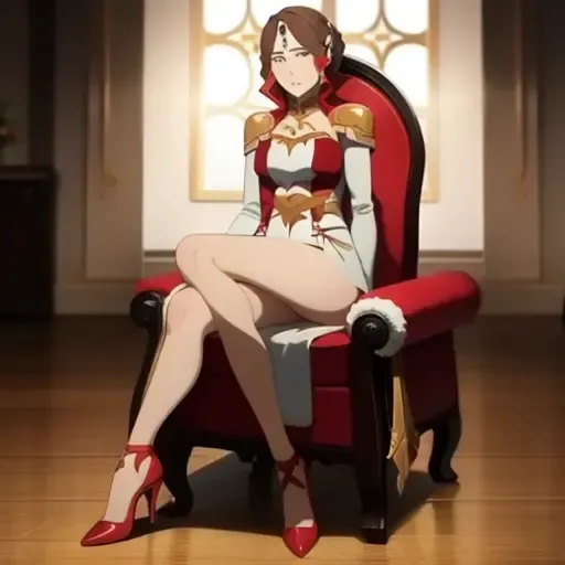 1girl solo mirana, (full body:1.2), red and white dress,sitting on chair shoulder armor, brown hair,