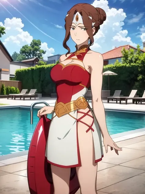 mirana, 1girl, brown hair, hair bun, red and white dress, bottomless, poolside, buoy,