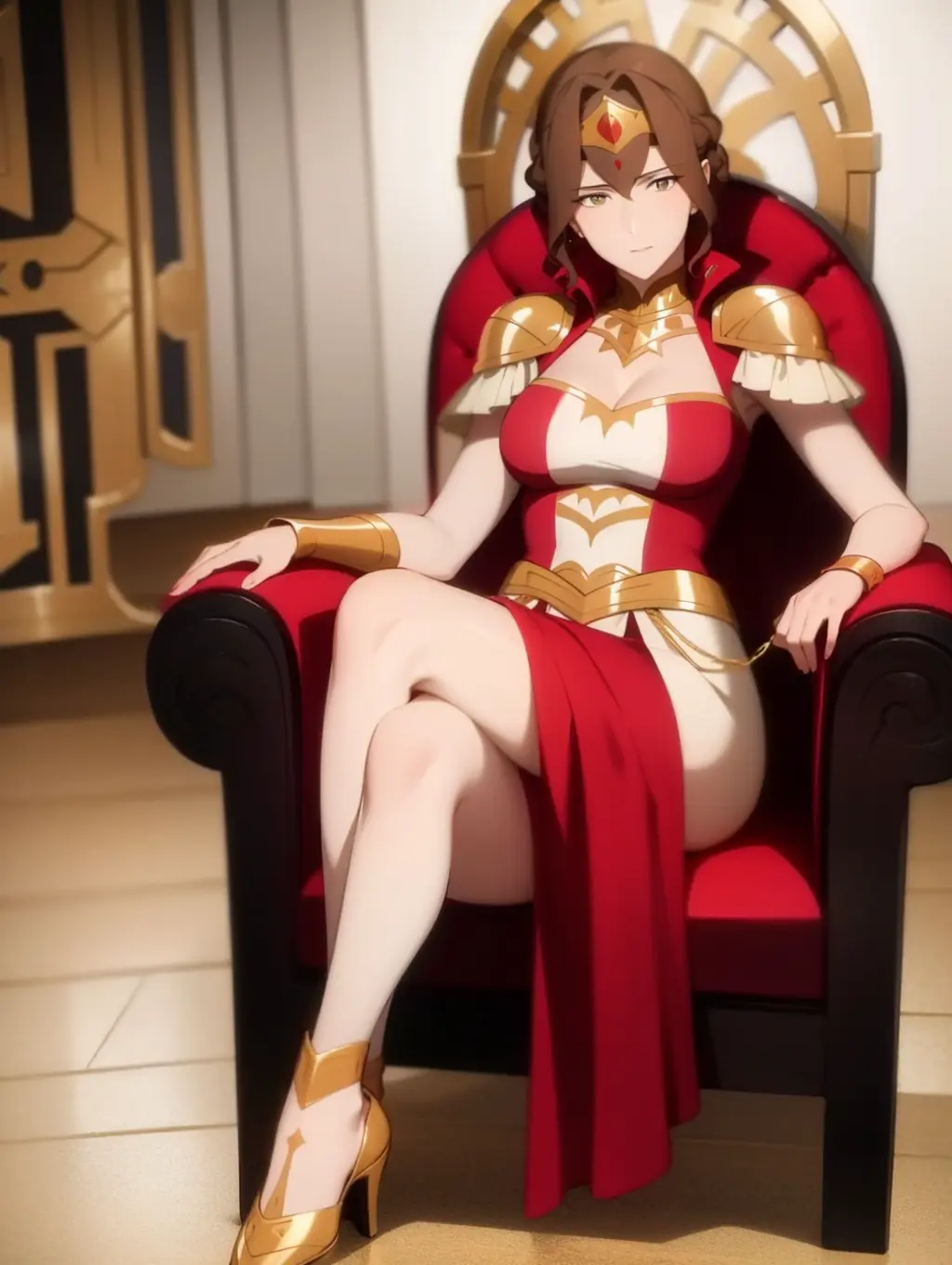 1girl solo mirana, (full body:1.2), red and white dress,sitting on chair bare shoulder , brown hair,