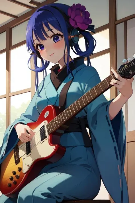 (masterpiece, best quality:1.2),
<lora:Aoi_Akane-07:0.9>, aoi akane, 1girl, solo, smile, hair ornament, hair flower, japanese clothes, ((blue kimono)), long sleeves, obi, blush, playing guitar, headphones, electric guitar