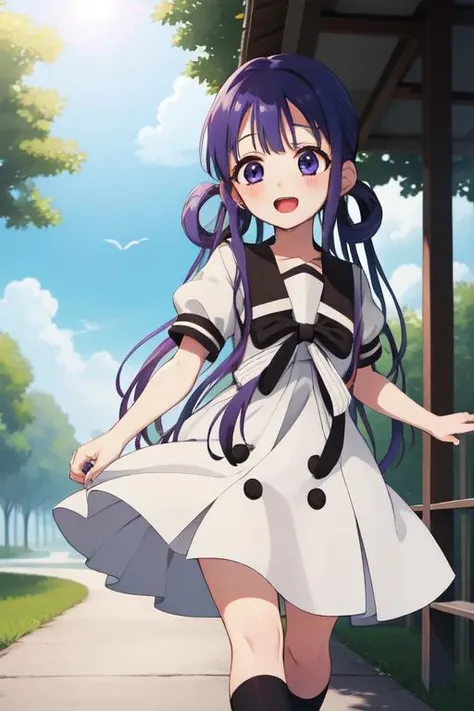 (masterpiece, best quality:1.2),
<lora:Aoi_Akane-07:0.9>, aoi akane, 1girl, solo, happy, open mouth, short sleeves, white school uniform, dress, bow, white serafuku with white bow, puffy sleeves, brown sailor collar, black socks, blush, walking in the sun