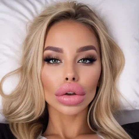 1girl, pillow, bed, from above, high angle, beautiful face, blonde hair, cute, bimbolips, huge lips <lora:BimbolipsV3-000004:0.6> <lora:biglips-v2:0.4> <lora:th3p1t_v1:0.5>, dimples, cheekbones