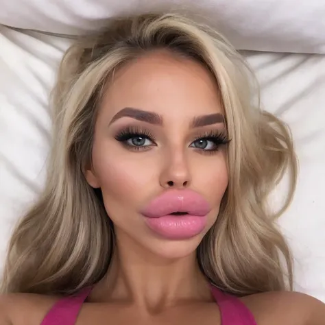 1girl, pillow, bed, from above, high angle, beautiful face, blonde hair, cute, bimbolips, huge lips <lora:BimbolipsV3-000004:0.6> <lora:biglips-v2:0.4> <lora:th3p1t_v1:0.5>, dimples, cheekbones