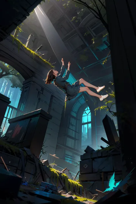 (masterpiece:1.3),(best quality:1.2),8k,absurdres,unity 8k wallpapper,(extremely detailed:1.3),highestres,solo focus,
1girl,floating,on back, (falling:1.3),falling_blur,<lora:falling_blur-10:0.6> ,(solo:1.3),(from below:1.2),midair,(depth of field:1.3),
,ruins,moss,branch, bird,back light,dim light,(light beam:1.3),<lora:lowRA:0.5>