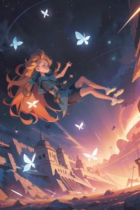 ,(disheveled hair),[orange hair:purple buttom hair:0.8],forehead,zoe,long hair,multicolored hair,orange hair, ,looking to the side, 
falling_blur,,bug, butterfly, cloud, flying, night, night_sky, sky, space, star_\(sky\), starry_sky,space,
