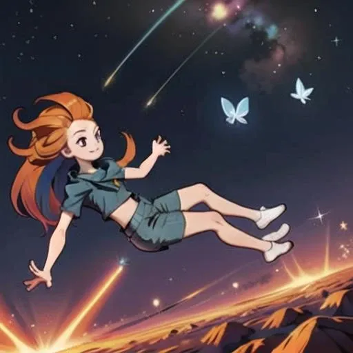 ,(disheveled hair),[orange hair:purple buttom hair:0.8],forehead,zoe,long hair,multicolored hair,orange hair, ,looking to the side, 
falling_blur,,bug, butterfly, cloud, flying, night, night_sky, sky, space, star_\(sky\), starry_sky,space,