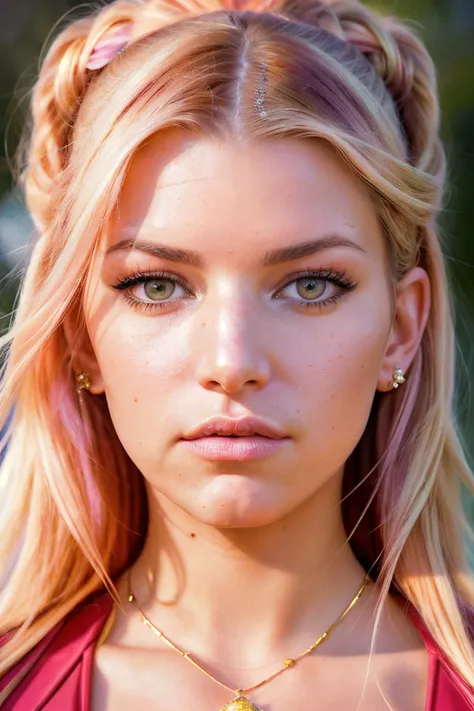 A stunning intricate full color portrait of jessicaSimp1, wearing a pink and gold gem princess outfit, epic character composition, by ilya kuvshinov, alessio albi, nina masic, sharp focus, natural lighting, subsurface scattering, f2, 35mm