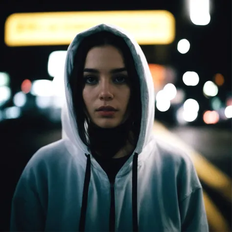 portrait color film photograph, woman, white hair, oversized hoodie, city, night, hard light