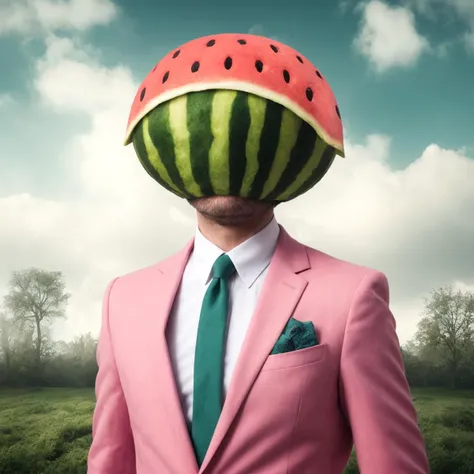 a man with a watermelon helmet, wearing a suit and tie, in the style of dreamlike surrealism, fashion costumes