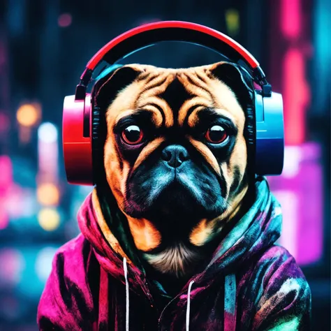 a hyperrealstic photography of a portrait of a stylized cyberpunk pug|cat|cyborg|robot with headphones composed of giant colorful speakers, black and white photography, 8k, glitch art, (slime art:1.23), multicolored digital art, colorful digital beautiful synthwave, bokeh, professional photographer, captured with professional DSLR camera, depth of field, HOF, detailed gorgeous face, apocalyptic environment, natural body posture, professional photographer