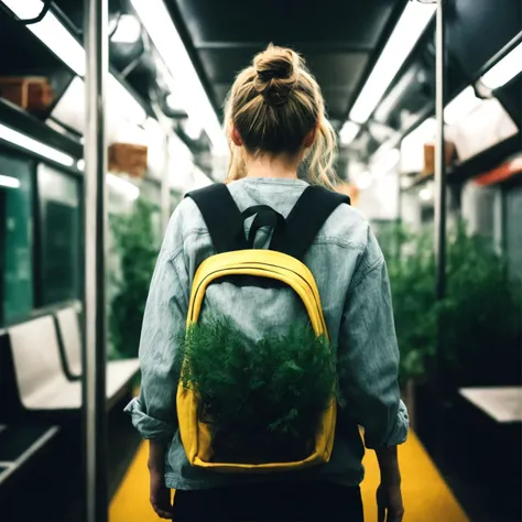 transparent glass backpack with plants behind the girl's back. crowded subway. tubes and wires. A gas mask on her face, analog style, 35mm, dramatic light