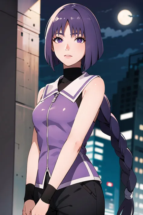(best quality), (highly detailed), masterpiece, (official art),sumire kakei, single braid, looking at viewer, city, night, sky, moon, standing, (upper body:1.2), sleeveless jacket, black shorts, wristband, black shirt, backlighting, blurry background, depth of field, best quality, masterpiece, intricate details, tonemapping, sharp focus, hyper detailed, trending on Artstation,1 girl,