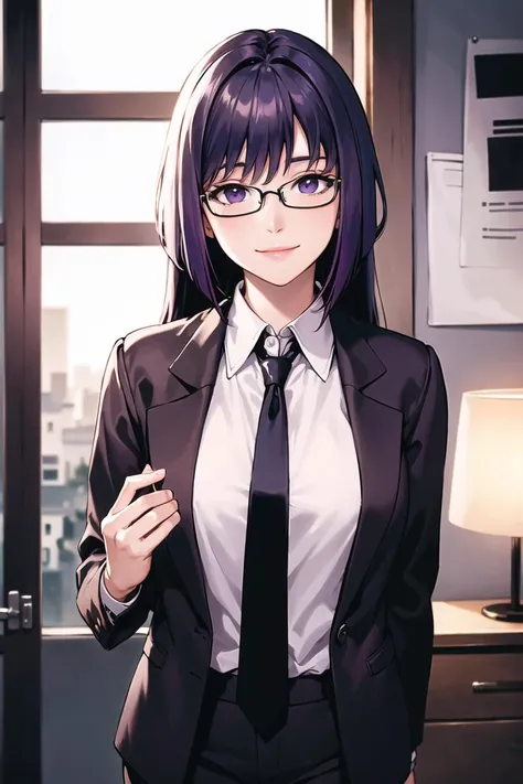 sumire kakei, purple hair,(long hair), glasses,lips, closed mouth, 1girl, solo, necktie, smile, (open jacket),black jacket,black suit, long sleeves, shirt tucked in,looking at viewer, shirt, black necktie, white shirt, medium breasts,window, formal,  light smile, office lady,pants, black pants,  (intricately detailed, hyperdetailed), blurry background,depth of field, best quality, masterpiece, intricate details, tonemapping, sharp focus, hyper detailed, trending on Artstation,1 girl, high res,facing viewer, official art