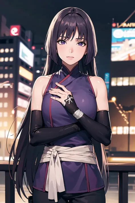 (best quality), (highly detailed), masterpiece, (official art),sumire kakei, long hair, elbow gloves, fingerless gloves,straight hair, bandages, bandaged arm, ninja, looking at viewer, city, night, sky, cowboy shot, (intricately detailed, hyperdetailed), blurry background,depth of field, best quality, masterpiece, intricate details, tonemapping, sharp focus, hyper detailed, trending on Artstation,1 girl, high res, official art