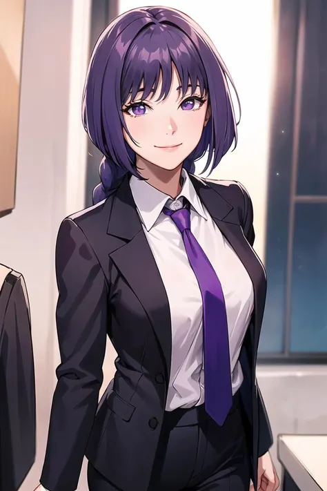 sumire kakei, purple hair,(single braid), lips, closed mouth, 1girl, solo, necktie, smile, (open jacket),black jacket,black suit, long sleeves, shirt tucked in,looking at viewer, shirt, black necktie, white shirt, medium breasts,window, formal,  light smile, office lady,pants, black pants,  (intricately detailed, hyperdetailed), blurry background,depth of field, best quality, masterpiece, intricate details, tonemapping, sharp focus, hyper detailed, trending on Artstation,1 girl, high res,facing viewer, official art