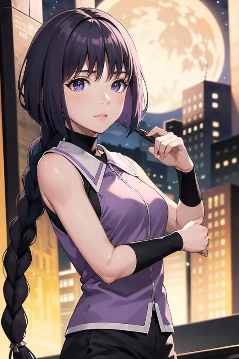 (best quality), (highly detailed), masterpiece, (official art),sumire kakei, single braid, sleeveless jacket, black shorts, wristband, black shirt, looking at viewer, city, night, sky, moon, standing, upper body, blurry background, depth of field, best quality, masterpiece, intricate details, tonemapping, sharp focus, hyper detailed, trending on Artstation,1 girl,