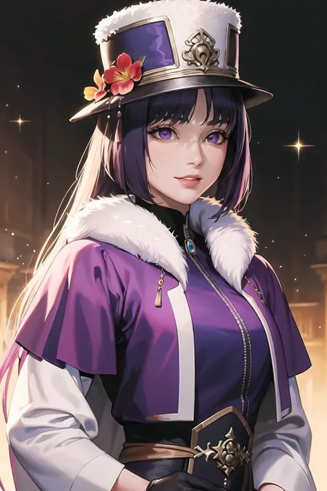 ((best quality)), ((highly detailed)), masterpiece, ((official art)),sumire kakei, purple hair, long hair,seductive smile, lips, center opening, coat, dress, black headwear, flower, fur-trimmed coat, fur collar, fur trim, gloves, hair ornament, hat, hat flower, long sleeves, sparkle, white gloves, (volumetric lighting), (upper body:1.1),best quality, masterpiece, intricate details, tonemapping, sharp focus, hyper detailed, trending on Artstation,