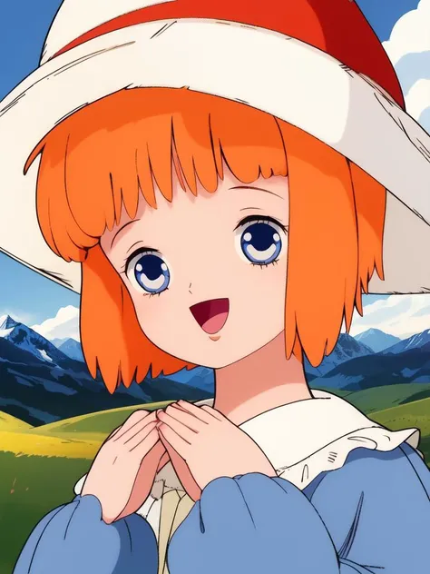 <lora:Mariel_Legrand:0.8>, Mariel, 1girl, solo, hat, orange hair, short hair, own hands together, open mouth, smile, retro artstyle, blue eyes, outdoors, bangs, sky, mountain, white headwear, cloud, upper body,
masterpiece, high quality, very_high_resolution, large_filesize, full color,