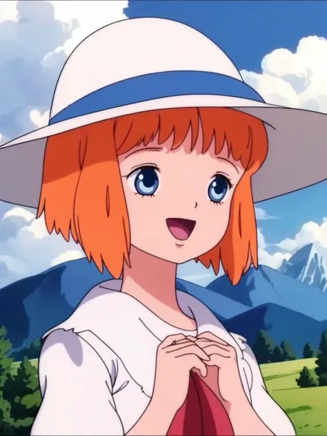 <lora:Mariel_Legrand:0.8>, Mariel, 1girl, solo, hat, orange hair, short hair, own hands together, open mouth, smile, retro artstyle, blue eyes, outdoors, bangs, sky, mountain, white headwear, cloud, upper body,
masterpiece, high quality, very_high_resolution, large_filesize, full color,
1980s \(style\), anime, anime_screencap, animated gif, mp4 ,video, animated, retro artstyle,