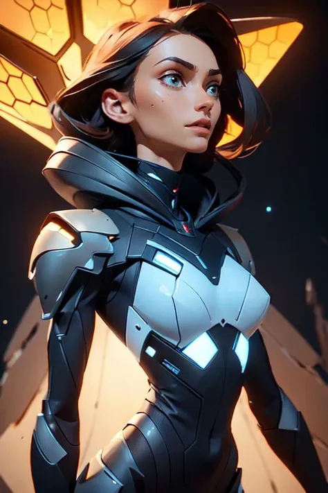 (masterpiece, best quality, highly detailed, dynamic angle, low angle, 8k) 
a scifi female in black armor with glowing honeycomb shapes
standing, looking up
beautiful, supermodel, tall, fit_body, ab crack, small_boobs, teardrop_boobs), 
detailed eyes, intricate facial details,
depth of field,rim lighting, spotlight, dramatic lighting,
<lora:HoneyTech-20:.4> honeytech, scifi
 <lora:epi_noiseoffset2:1.2> 
 <lora:weight_slider_v2:-2>
 <lora:add_detail:.4>