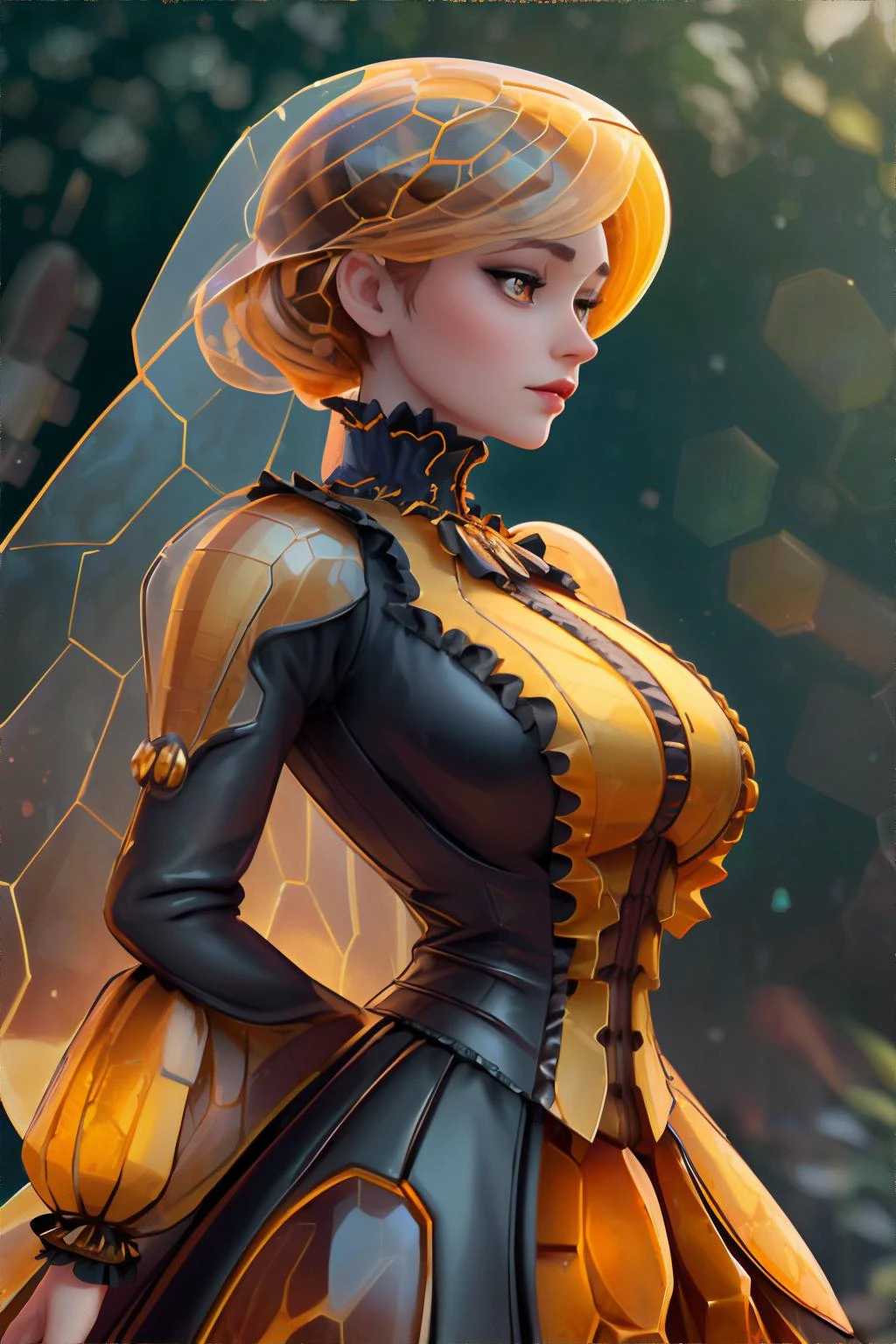 <lora:honeytech:0.8>, honeytech, honey, woman wearing victorian gown, <clip:skip:2>, masterpiece, 8k, high resolution, shallow depth of field, sharp focus