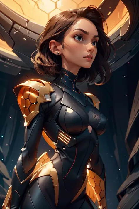 (masterpiece, best quality, highly detailed, dynamic angle, low angle, 8k) 
a scifi female in black armor with glowing honeycomb shapes
standing, looking up
beautiful, supermodel, tall, fit_body, ab crack, small_boobs, teardrop_boobs), 
detailed eyes, intricate facial details,
depth of field,rim lighting, spotlight, dramatic lighting,
<lora:HoneyTech-20:.4> honeytech, scifi
 <lora:epi_noiseoffset2:1.2> 
 <lora:weight_slider_v2:-2>
 <lora:add_detail:.4>