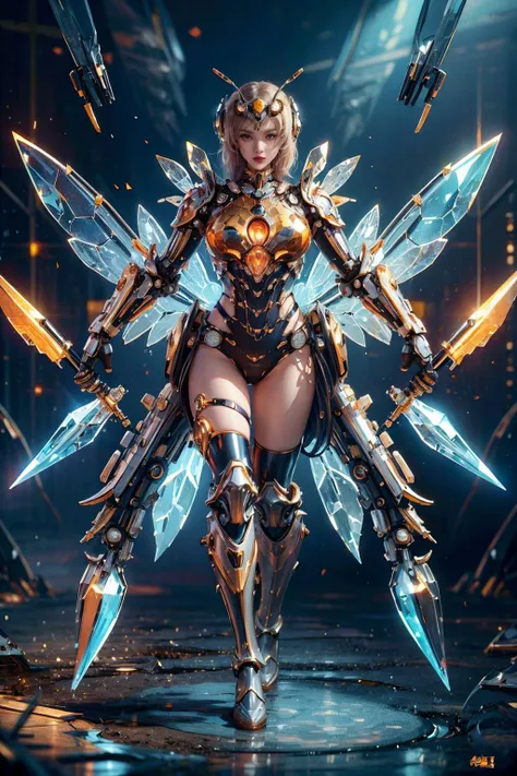 <lora:HoneyTech-20:0.7>,honeytech,honey,scifi,<lora:CrystallineAI-000009:0.7>,crystallineAI queen,full body,bare arms,upper body,looking at viewer,, (masterpiece, best quality, high quality, highres, ultra-detailed),