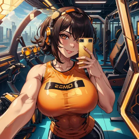 <lora:HoneyTech-20:0.8>,honeytech, honey,scifi, see-through, smile,
pov selfie, portrait of beautiful milf in transparent orange tshirt, bare shoulders, short black hair, gym, window, summer, muscular,