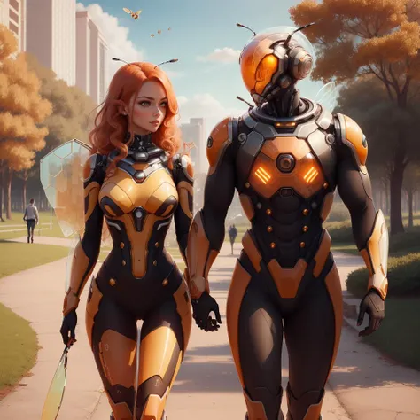<lora:HoneyTech-20:0.8>,honeytech, honey,scifi,
couple walking in the park, long hair , short hair ,orange hair, green eyes,