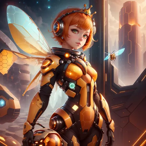 <lora:HoneyTech-20:0.8>,honeytech, honey, scifi,teenage, royalty, smug,
solo, orange hair, standing, short hair, Princess Bee, (mini crown:1.1), small breasts, green eyes, glowing eyes,