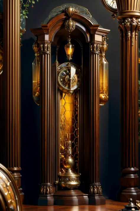 <lora:HoneyTech-20:0.6>, honeytech, honey, realistic, scifi, Grandfather clock, cluttered environment, ultra detailed, Hyperrealistic, sharp focus, octane render