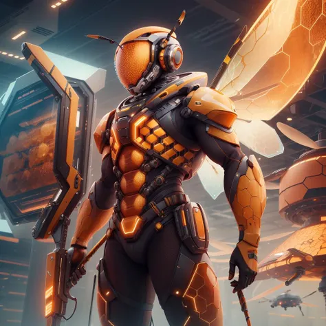 <lora:HoneyTech-20:0.8>,honeytech, honey, scifi,
solo, orange hair, standing, Male Drone, guard , holding a spear