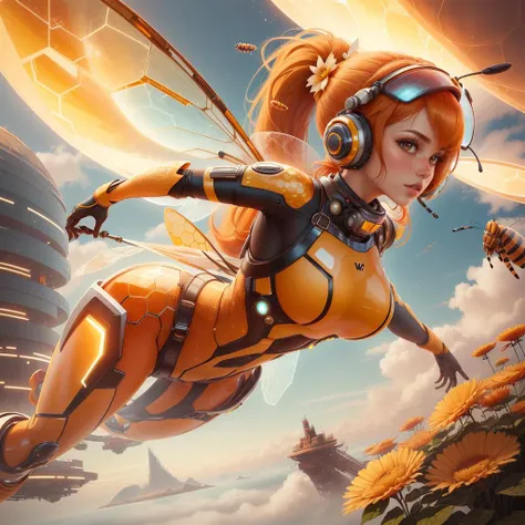 <lora:HoneyTech-20:0.8>,honeytech, honey, scifi,
solo, orange hair, Female Workers, ponytail, flying, (giant flower:1.2) , flowers