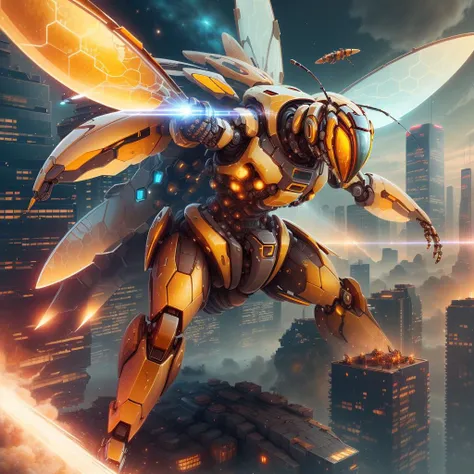 <lora:HoneyTech-20:0.8>,honeytech, honey,scifi,    
see-through, battle mech, cityscape, destruction , laser ,