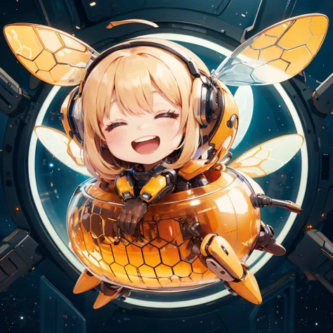 chibi, <lora:HoneyTech:0.7> honeytech, honey, scifi, laughing,