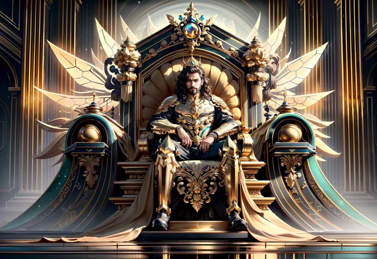 <lora:add_detail:0.5> (masterpiece, detailed, realistic, photorealistic, vibrant colors, highres, cinematic, atmospheric:1.2), (symmetrical:1.2), honeytech king, gold hair, sitting on gold throne, indoor, ebonygoldai throne room, glittering gold, gold decorations, gold bracers, <lora:DecorationBundlev2:0.4> <lora:HoneyTech:0.7>