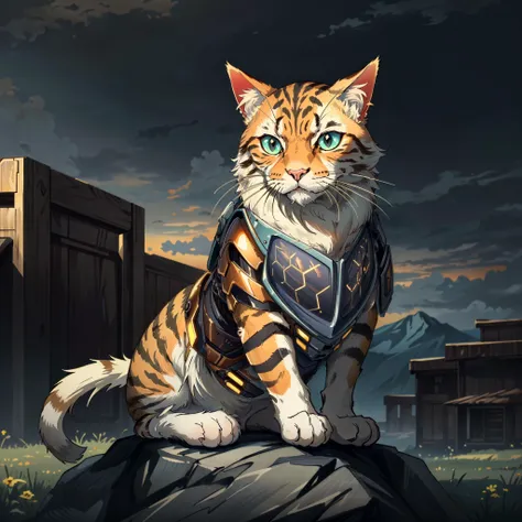 <lora:add_detail:0.5> (masterpiece, detailed, realistic, photorealistic, vibrant colors, highres, cinematic, atmospheric:1.2), (cute cat:1.2), ('with honeytech armor':1.1), sitting, outdoors, <lora:c4ttitudeflexver:0.4> <lora:HoneyTech-20:0.6>