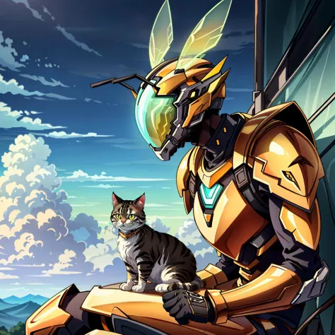 <lora:add_detail:0.5> (masterpiece, detailed, realistic, photorealistic, vibrant colors, highres, cinematic, atmospheric:1.2), (cute cat as main subject:1.2), sitting, wearing 'honeytech armor', outdoors, <lora:HoneyTech:0.7>