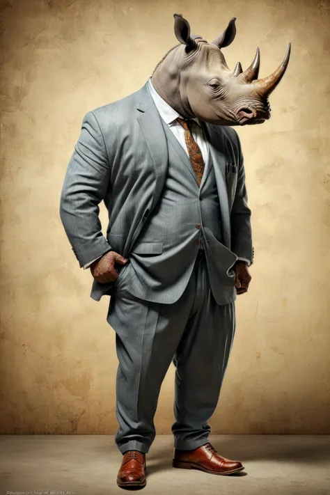 A rhinoceros dressed in a nice business suit, nice shoes, (poster art, concept art, expressive:1.4), (intricate details, masterpiece, best quality:1.4), environmental view, full length body shot, head to toe, cultural and ethnic color palette, soft volumetric lighting <xl_more_art-full_v1:0.72> <add-detail-xl:1.00>
