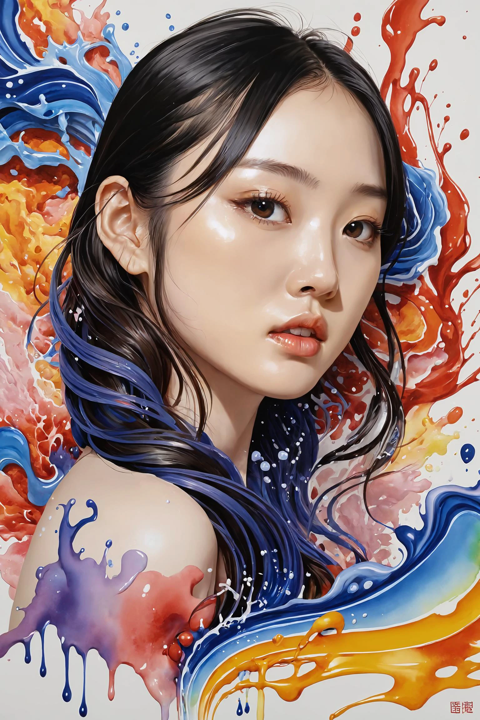 Colorful, multiple colors, intricate detail, splash screen, photorealistic, intricately detailed fluid gouache painting, calligraphy, acrylic, watercolor art,
masterpiece, best quality, 1girl, <lora:kwFemale_Beta40-SDXL_v1:1>, asian,waifu