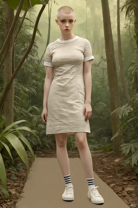 masterpiece, best quality, 1girl, <lora:kwFemale_Beta40-SDXL_v1:1>,
Concept art, (a crowd of busty young blonde woman:1.1) , wearing Striped dress and sneakers, The Striped dress and sneakers rolled up sleeves, Caramel hair styled as Buzz cut with a fade, jungle in background, Pastel Goth Art, stylized by Tran Nguyen, Raphael Soyer and László Moholy-Nagy