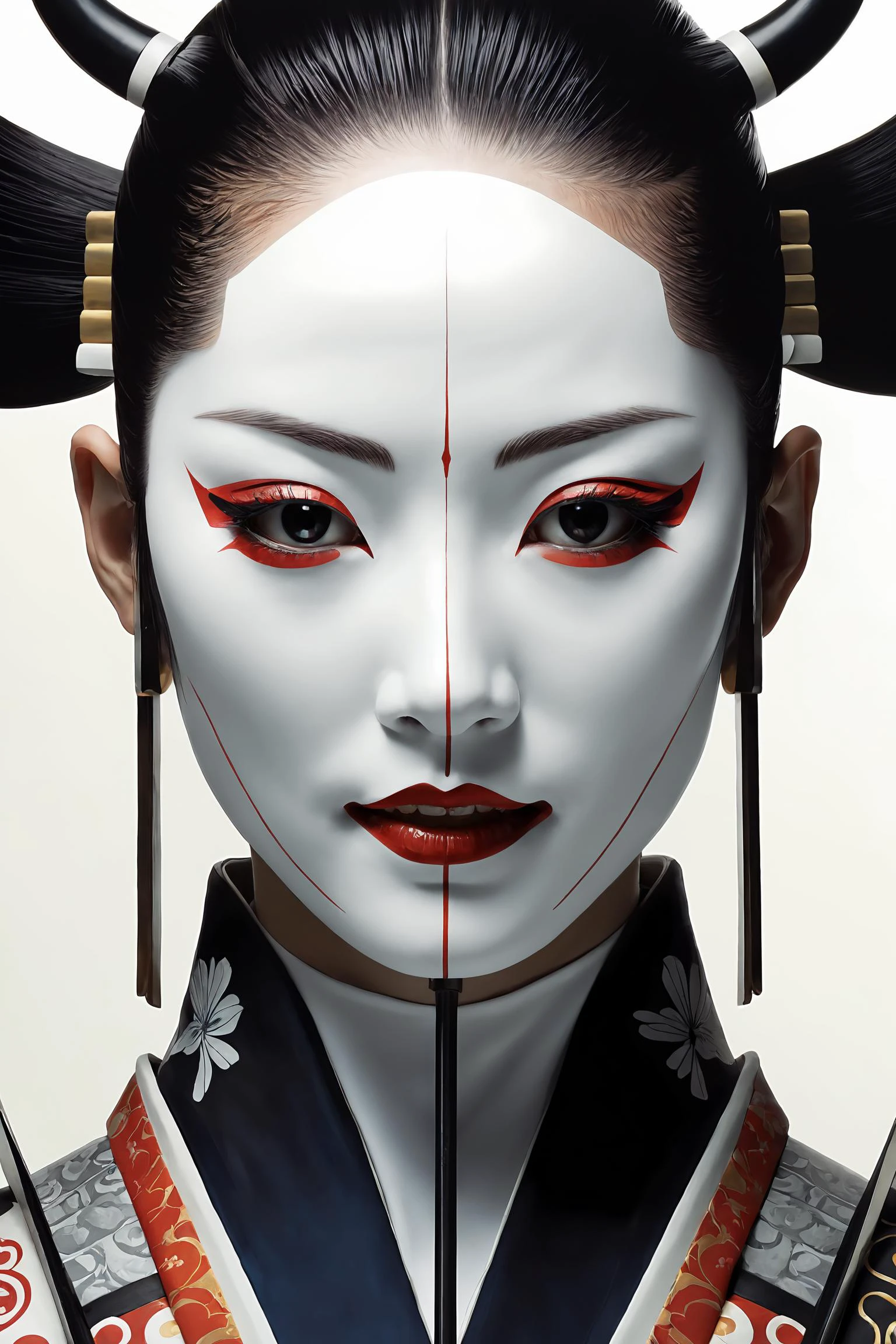 masterpiece, best quality, 1girl, <lora:kwFemale_Beta40-SDXL_v1:1>,
upper body, cyborg geisha samurai white face, symmetrical print, Ian McQue, Steven Klein, James Gilleard,hair cut, smile, black teeth, poster, masterpiece, hyper detailed