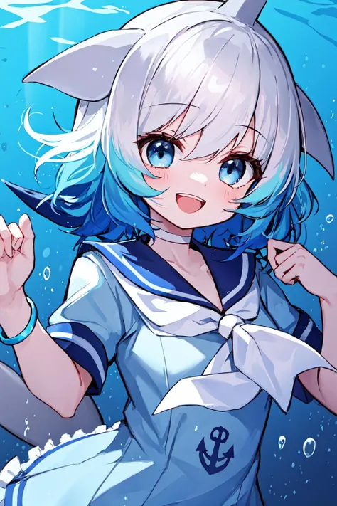 masterpiece, best quality, 1girl, solo, <lora:Common Bottlenose Dolphin:0.7>, fins, head fins, short hair, multicolored hair, grey hair, white hair, blue hair, blue eyes, cetacean tail, choker, white choker, bracelet, sailor collar, neckerchief, white neckerchief, dress, frilled dress, sailor dress, short sleeves, frills, anchor symbol, underwater, :d,