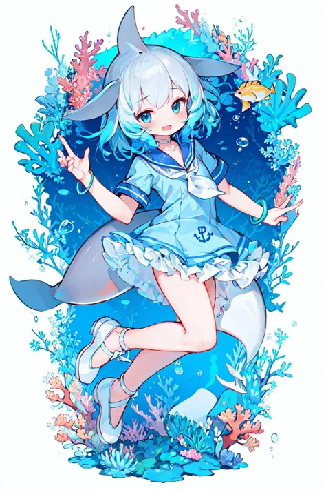 masterpiece, best quality, 1girl, solo, <lora:Common Bottlenose Dolphin:0.7>, fins, head fins, short hair, multicolored hair, grey hair, white hair, blue hair, blue eyes, cetacean tail, choker, white choker, bracelet, sailor collar, neckerchief, white neckerchief, dress, frilled dress, sailor dress, short sleeves, frills, anchor symbol, shoes, white footwear, bow, footwear bow, underwater, coral, coral reef, open mouth,