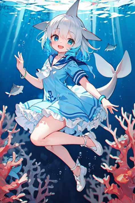 masterpiece, best quality, 1girl, solo, <lora:Common Bottlenose Dolphin:0.7>, fins, head fins, short hair, multicolored hair, grey hair, white hair, blue hair, blue eyes, cetacean tail, choker, white choker, bracelet, sailor collar, neckerchief, white neckerchief, dress, frilled dress, sailor dress, short sleeves, frills, anchor symbol, shoes, white footwear, bow, footwear bow, underwater, coral, coral reef, smile, :d,